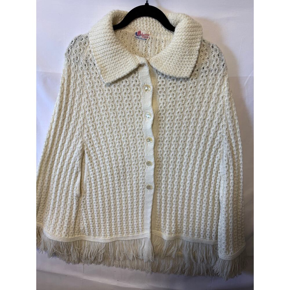 Vintage American Knitting Mills Ivory Fringe Knit Cape Poncho Sweater One Size